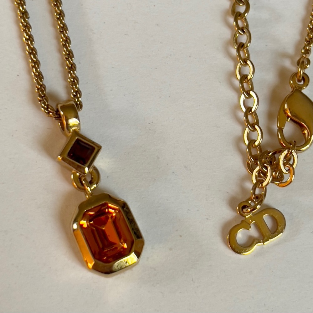 Vintage Christian Dior Garnet/Topaz Goldtone Drop Necklace